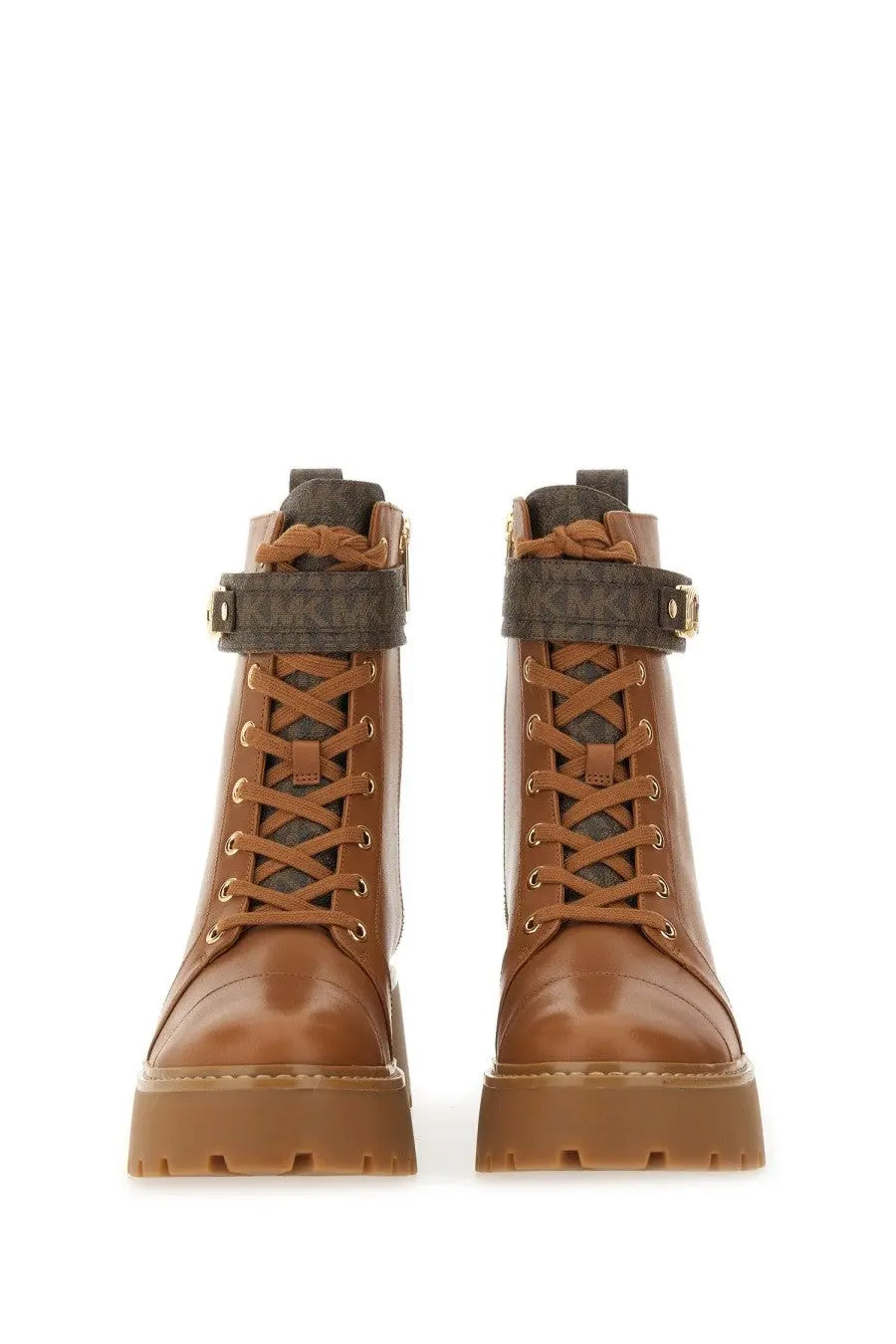Michael Kors women’s amphibious boot Mandy beige brown leather combat boots with chunky sole and gold-tone eyelets
