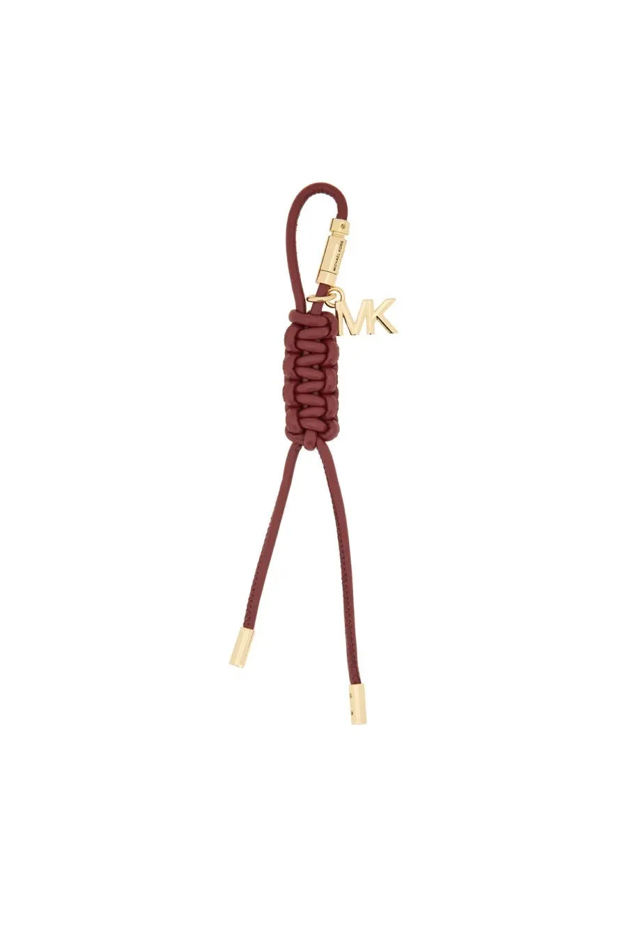 Michael Kors women’s bag charm in maroon braided cord with gold-tone mk logo charm and metallic tips