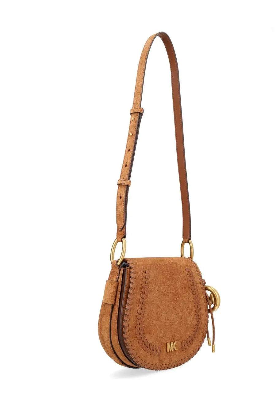 Michael Kors women’s bag Josie brown tan suede saddle bag with brown leather straps and gold-tone hardware