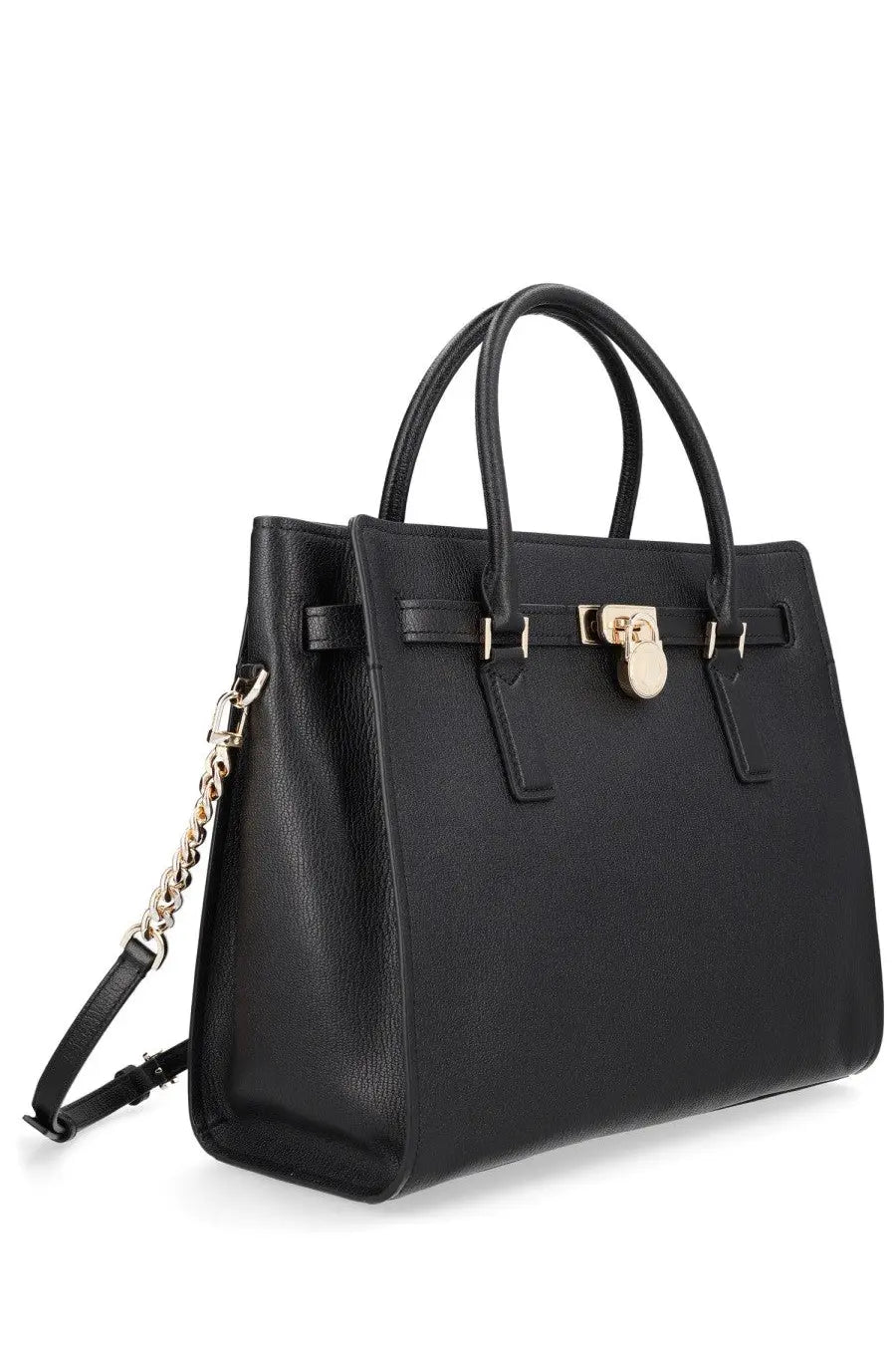 Michael Kors women’s modern Hamilton large black leather tote bag with gold-tone lock and chain strap