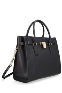 Michael Kors women’s modern Hamilton large black leather tote bag with gold-tone lock and chain strap