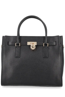 Michael kors women’s modern hamilton large black leather tote bag with gold-tone lock and buckle closure
