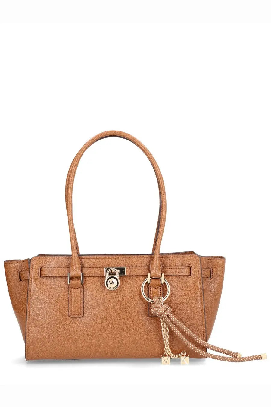 Michael Kors women’s modern Hamilton small brown leather handbag with gold-tone hardware and decorative tassel