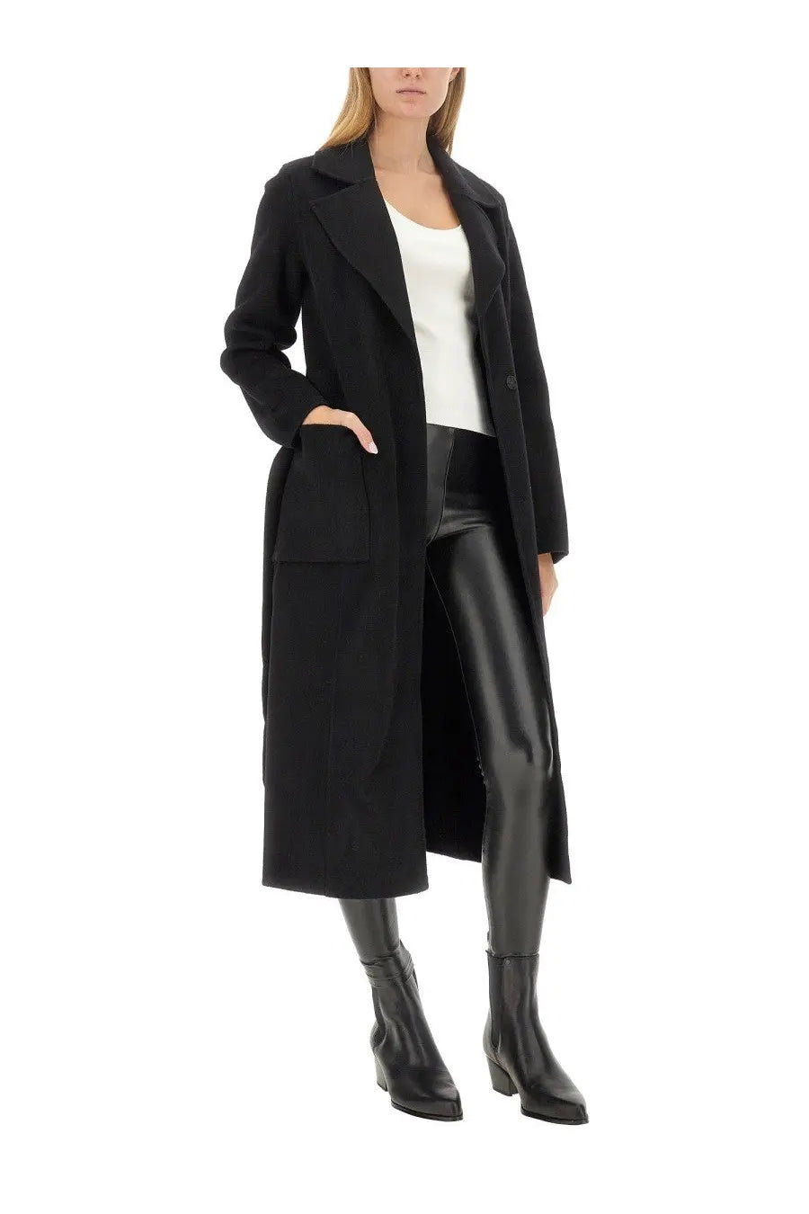 Michael Kors women’s black wool belted coat with notched lapels and front pockets for stylish warmth