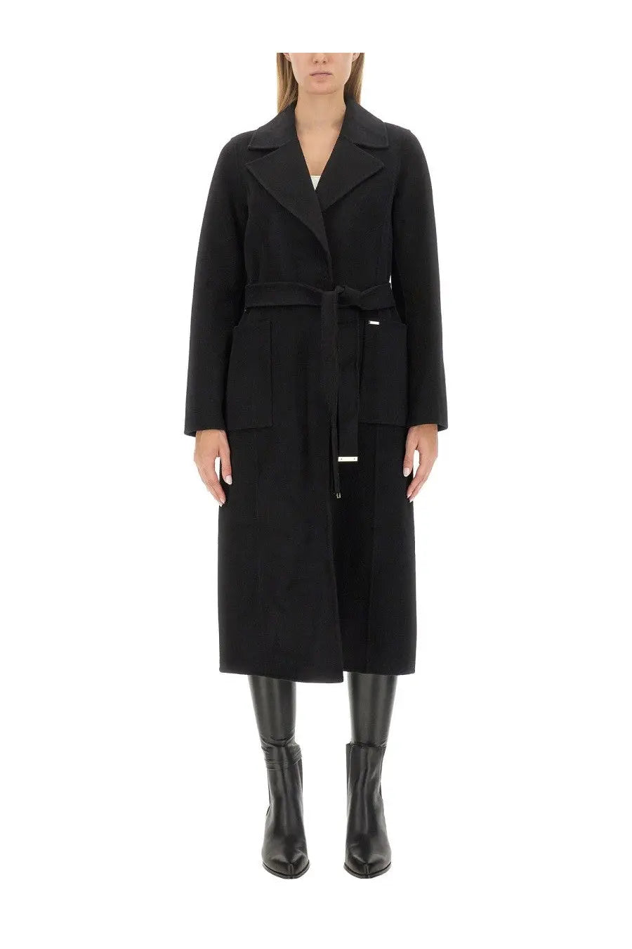 Michael Kors women’s black wool coat with belted waist and structured collar for stylish outerwear
