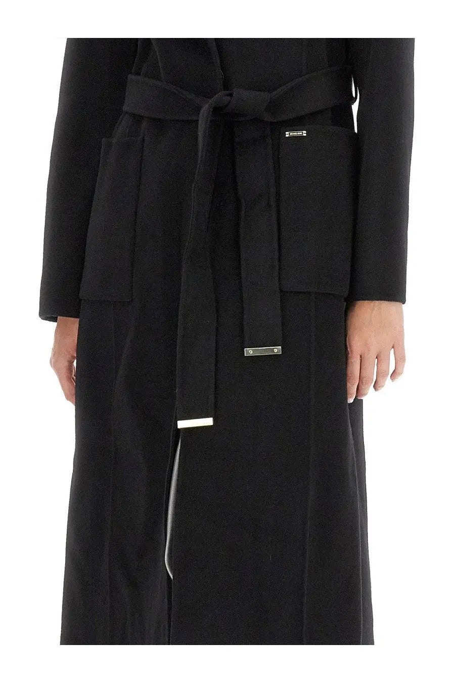 Michael Kors women’s black wool belted coat with front pockets and subtle metallic hardware accents