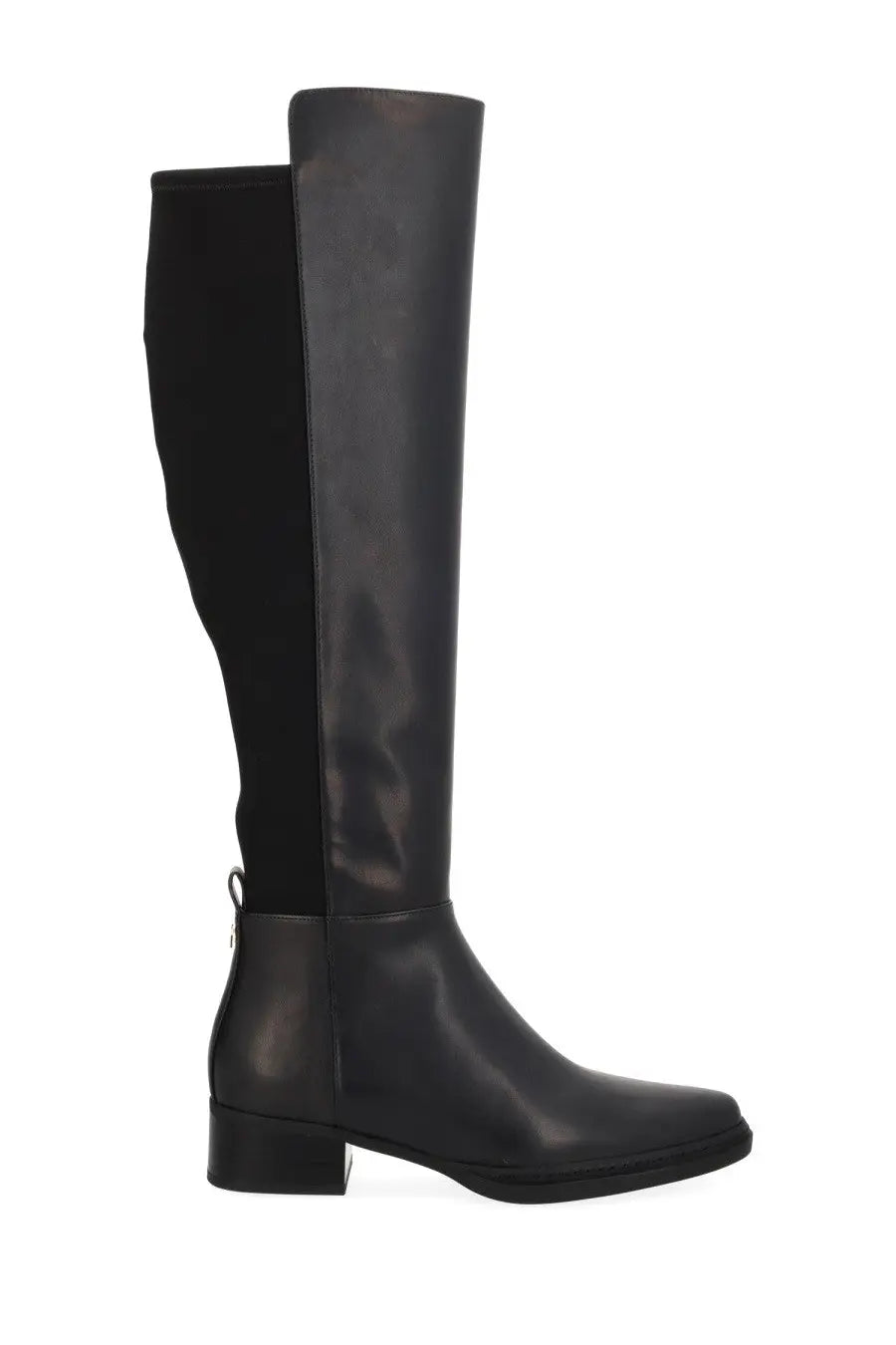 Michael Kors women’s black leather and elastic knee-high boot with low block heel shown from the back side