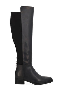 Michael Kors women’s black leather and elastic knee-high boot with low block heel shown from the back side