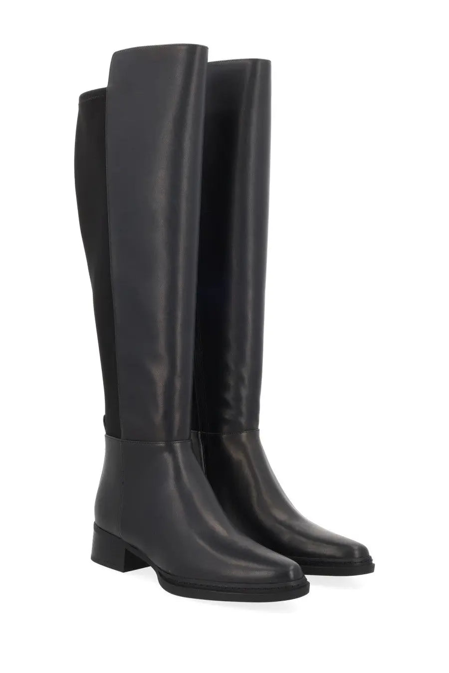 Michael Kors women’s black leather knee-high boots with a sleek glossy finish and low block heel