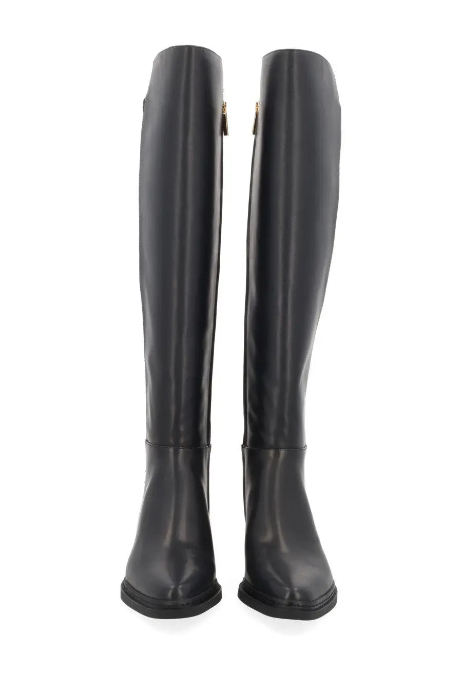 Michael Kors women’s black leather knee-high boots with sleek glossy finish and subtle gold inner zippers