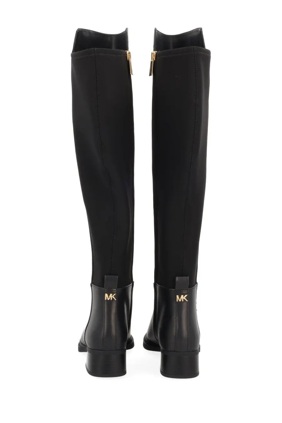 Black michael kors women’s over-the-knee boots with gold-tone zippers and logo detailing in leather material