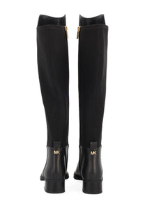Black michael kors women’s over-the-knee boots with gold-tone zippers and logo detailing in leather material