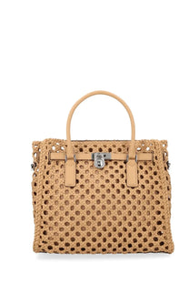 Michael Kors women’s borsa Hamilton beige woven leather tote bag with silver-tone clasp and matching handles