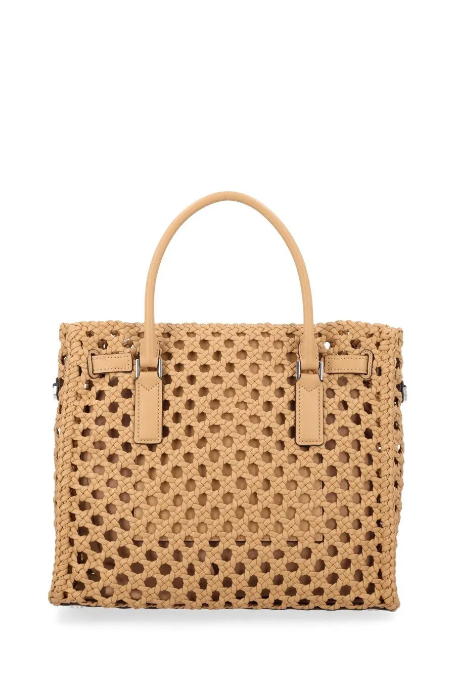 Michael Kors women’s borsa Hamilton beige woven leather tote bag with circular cutout pattern and matching handles