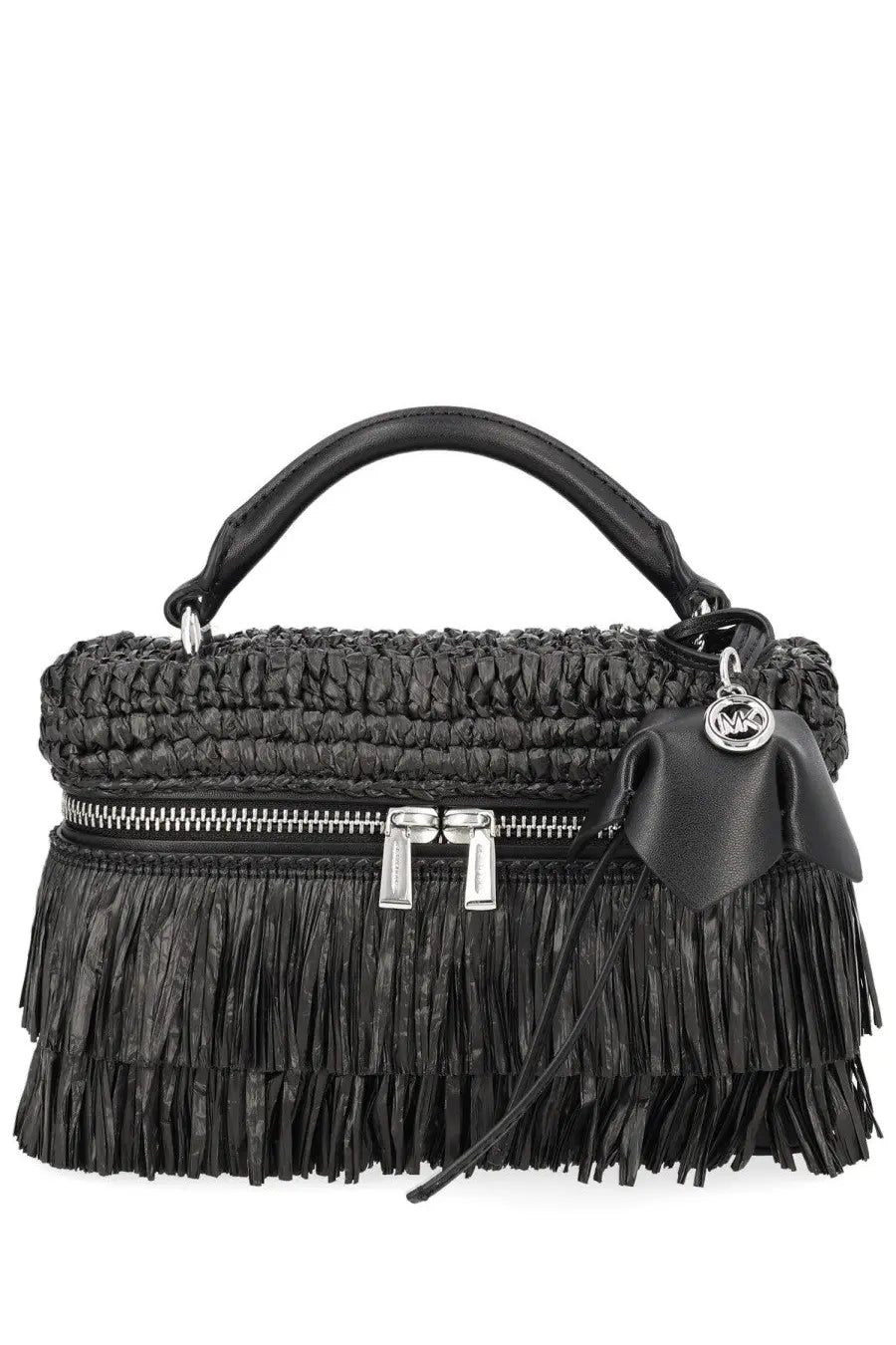 Michael Kors women’s borsa Jane extra small black woven straw handbag with leather fringe and silver-toned zipper closure
