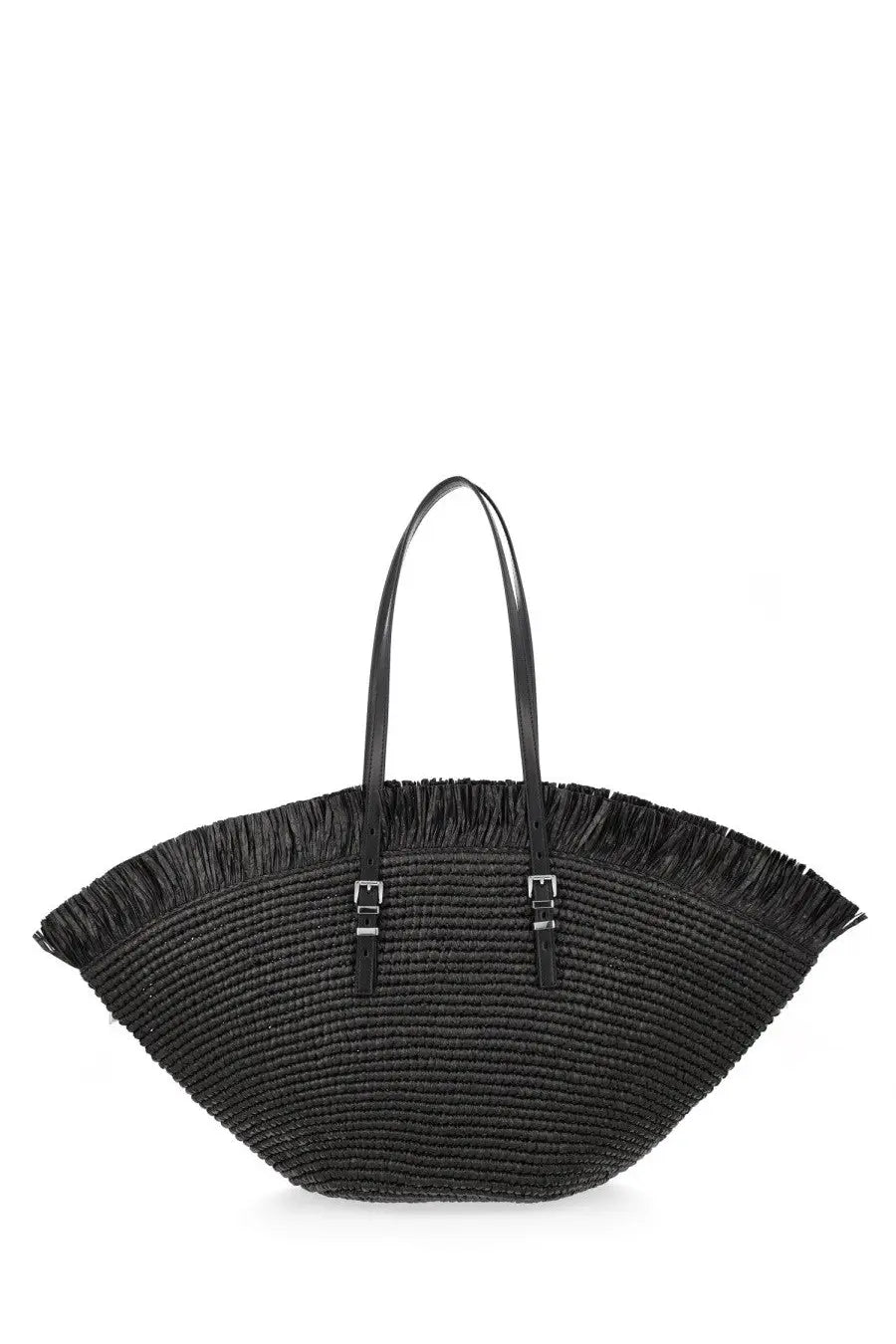 Michael Kors women’s Borsa tote LG fan black straw bag with fringed edges and black leather handles