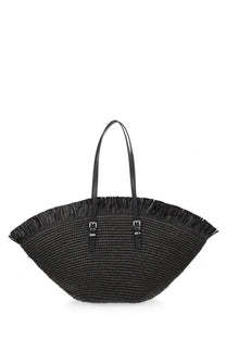 Michael Kors women’s Borsa tote LG fan black straw bag with fringed edges and black leather handles