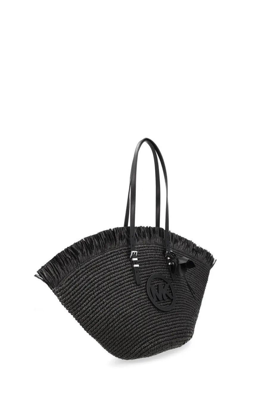 Michael Kors women’s borsa tote lg fan black woven straw bag with fringed edges black leather handles and circular mk logo plaque