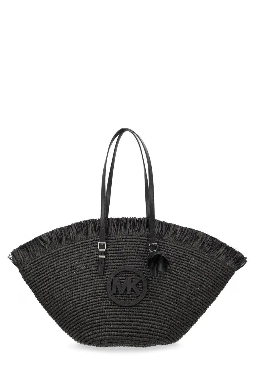 Michael Kors women’s borsa tote LG fan black woven straw bag with fringed edges and circular MK logo emblem