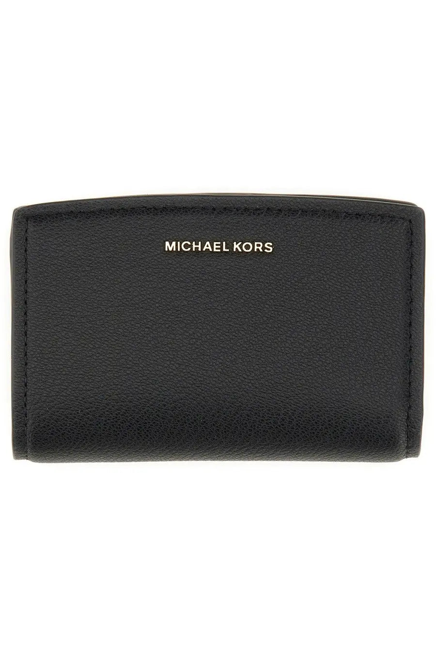 Michael Kors women’s Bryant medium wallet in black textured leather with gold-tone logo on the front