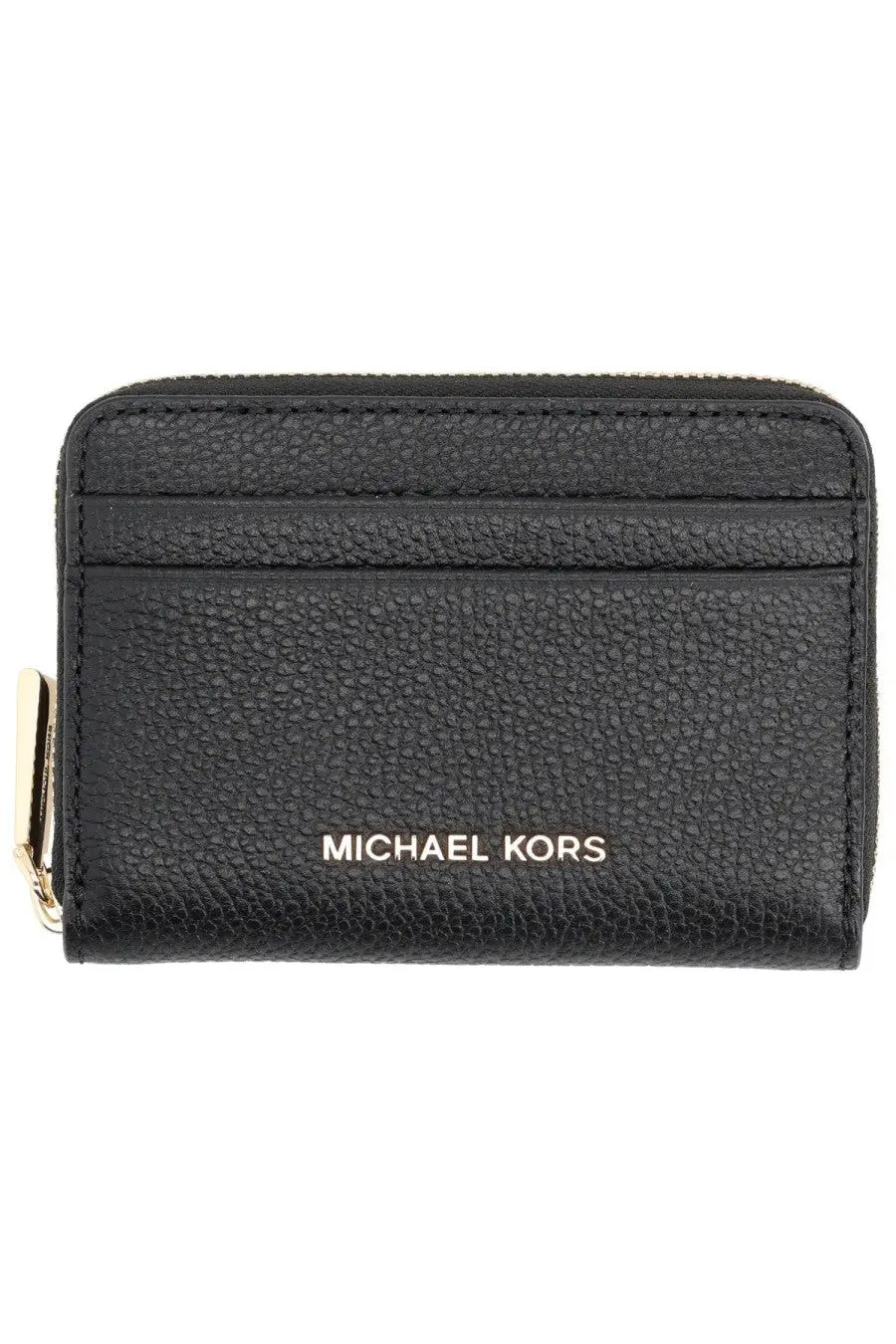 Michael kors women’s black textured leather zip-around card holder with gold-tone hardware and compact design