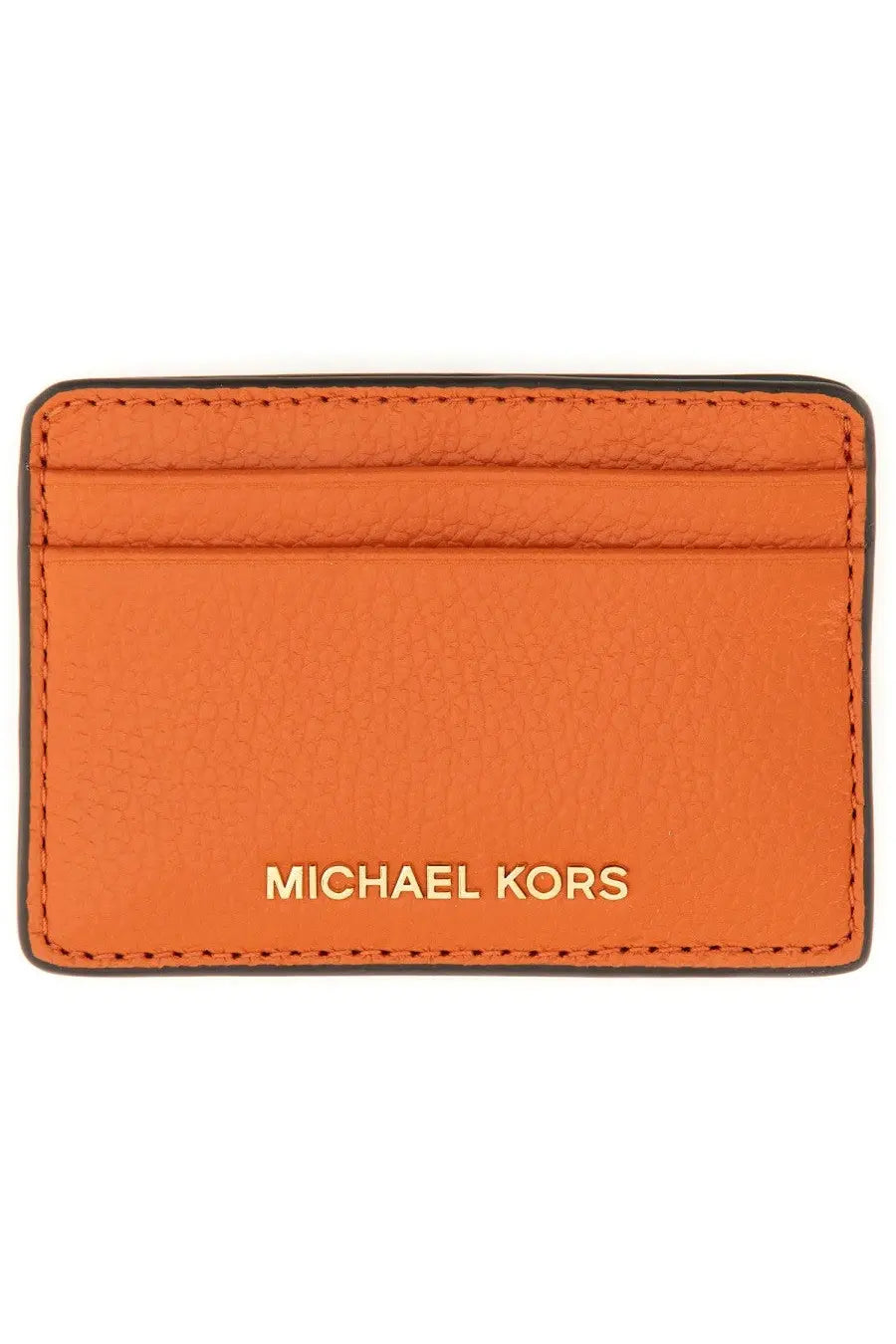 Michael Kors women’s card holder in orange leather with gold-tone branding and contrasting dark stitching