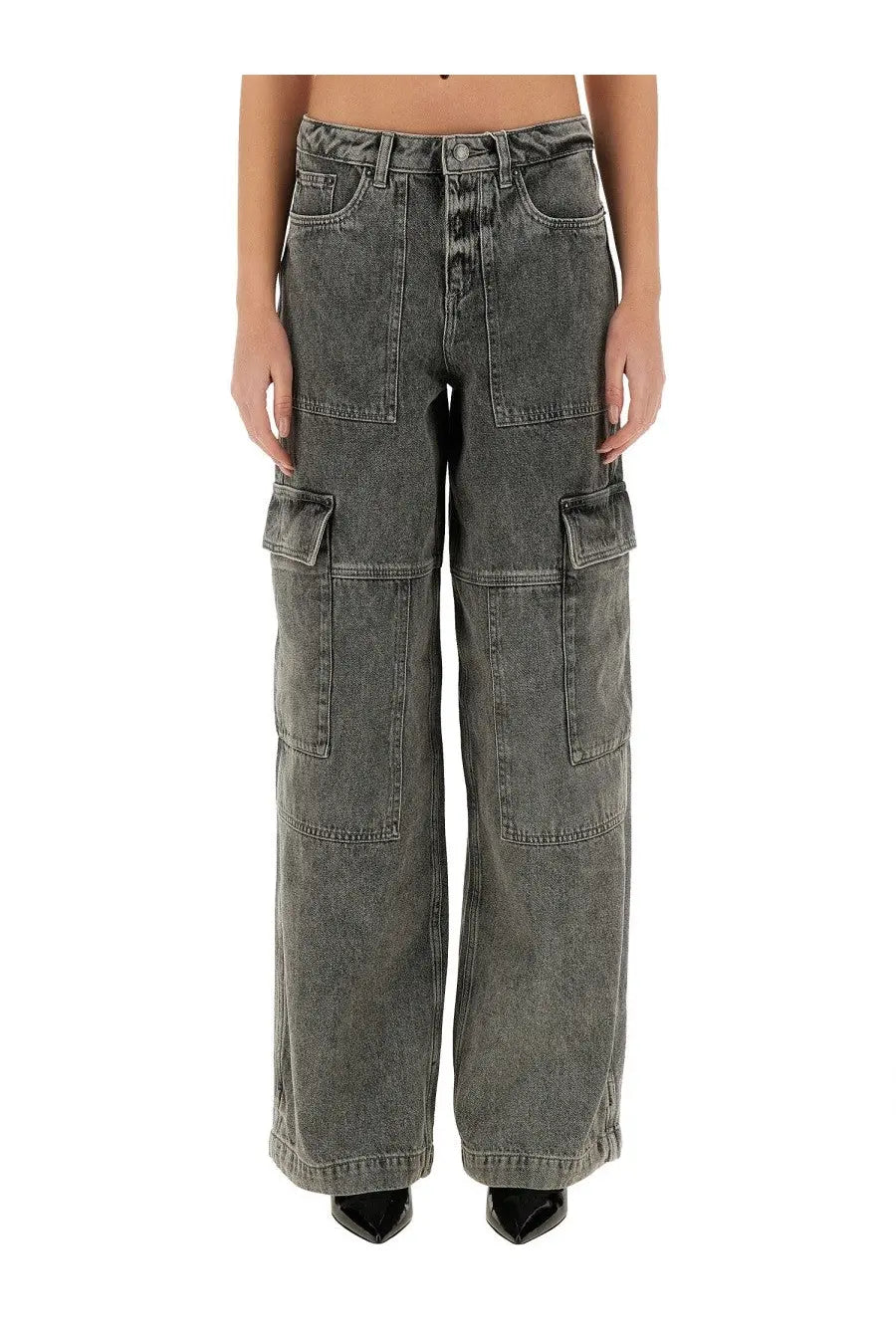 Michael kors women’s wide-leg faded gray denim cargo jeans with multiple flap pockets and a high waist
