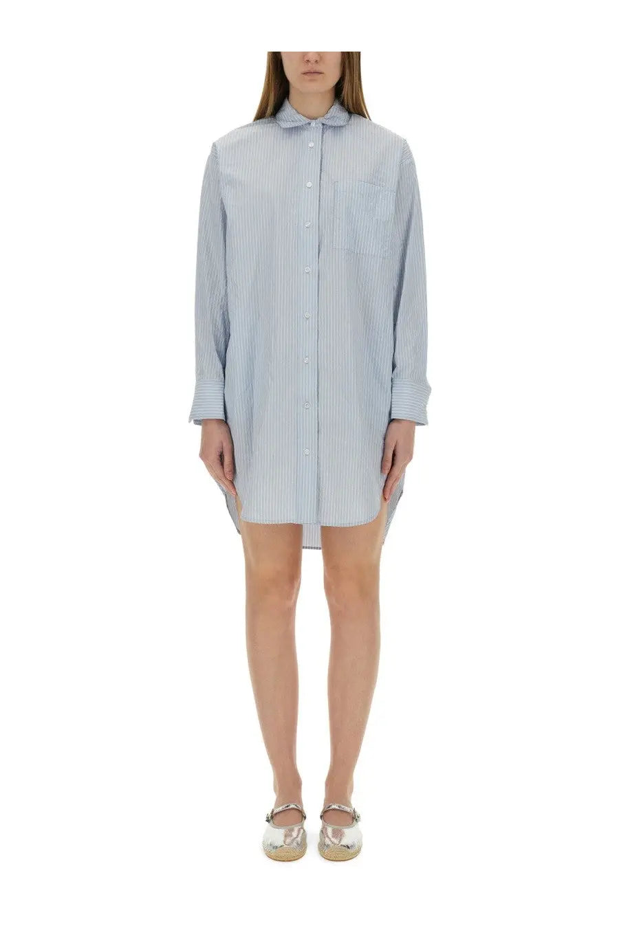 Michael Kors women’s chemisier dress in light blue and white striped cotton with collar long sleeves and asymmetrical hemline