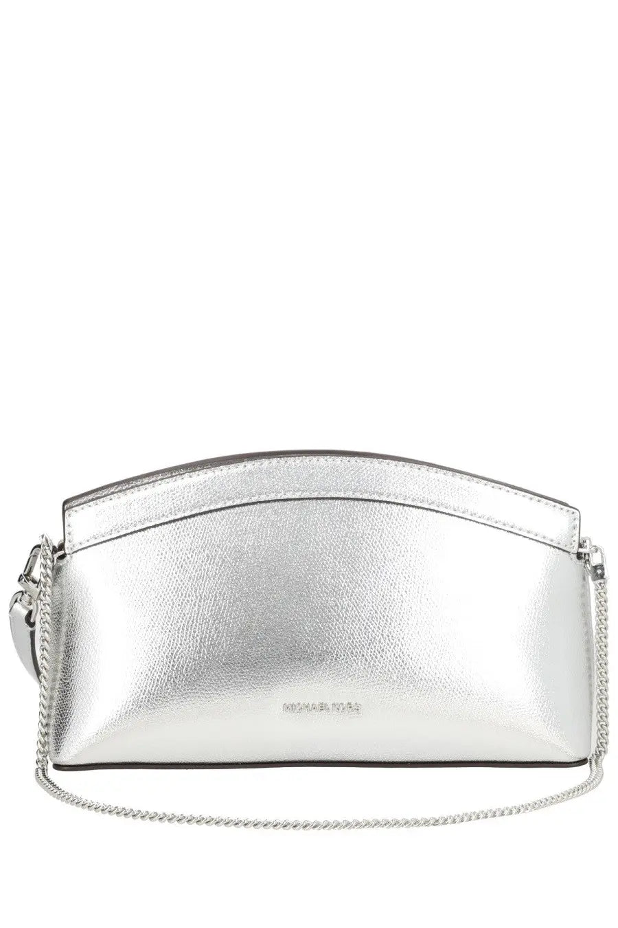 Silver metallic michael kors women’s clutch athena small with chain strap and subtle embossed branding visible