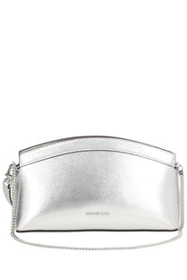 Silver metallic michael kors women’s clutch athena small with chain strap and subtle embossed branding visible