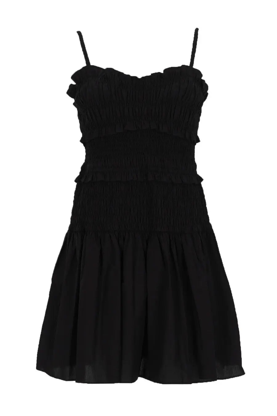 Michael Kors women’s black cotton mini dress with ruffled smocked detail and thin spaghetti straps
