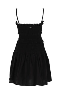 Michael Kors women’s black cotton mini dress with smocked bodice thin spaghetti straps and ruffled detailing