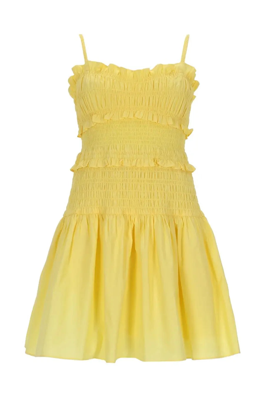 Michael Kors women’s yellow cotton mini dress with vibrant smocked bodice ruffled tiers and thin spaghetti straps
