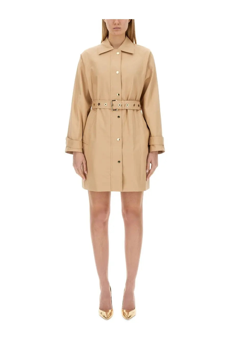 Beige cotton trench coat dress by Michael Kors with button front, belted waist, and rolled cuffs