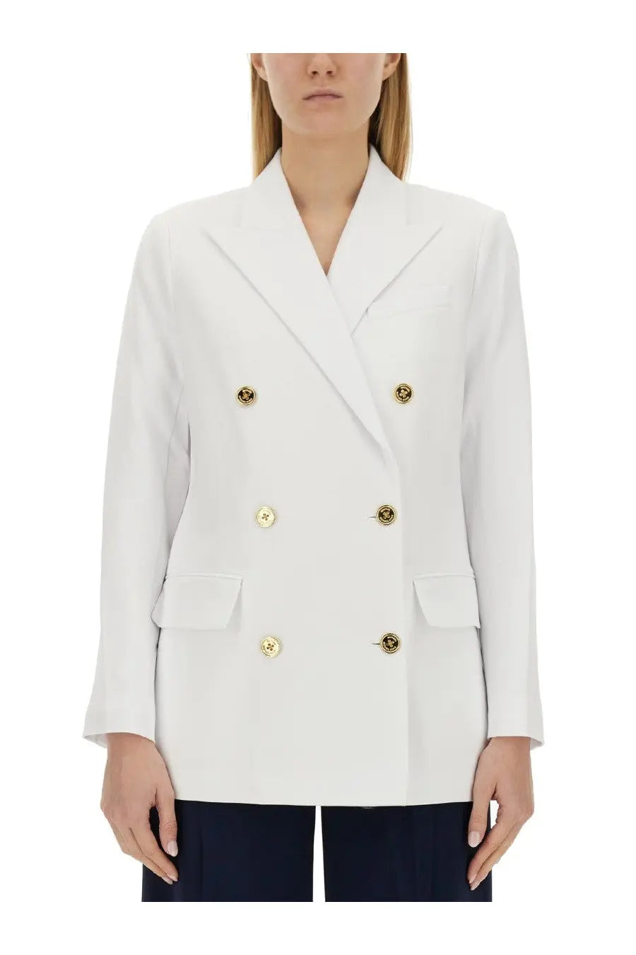 Michael Kors women’s white double-breasted blazer with gold-toned buttons and structured lapels