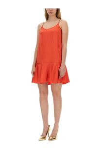Michael Kors women’s orange sleeveless dress with thin gold chain straps and flared skirt in lightweight fabric