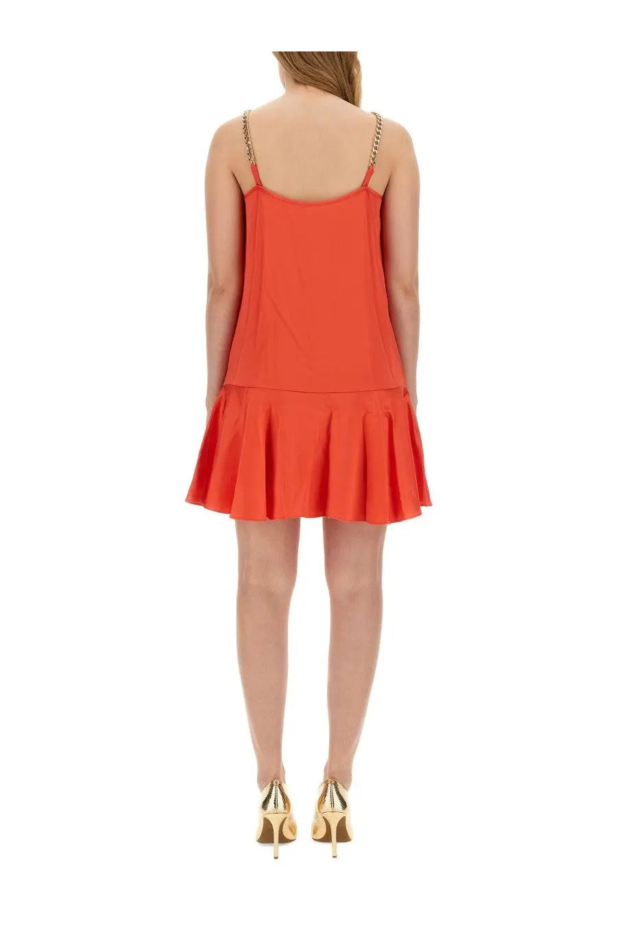 Michael Kors women’s vibrant orange sleeveless mini dress with flared skirt and delicate gold chain straps