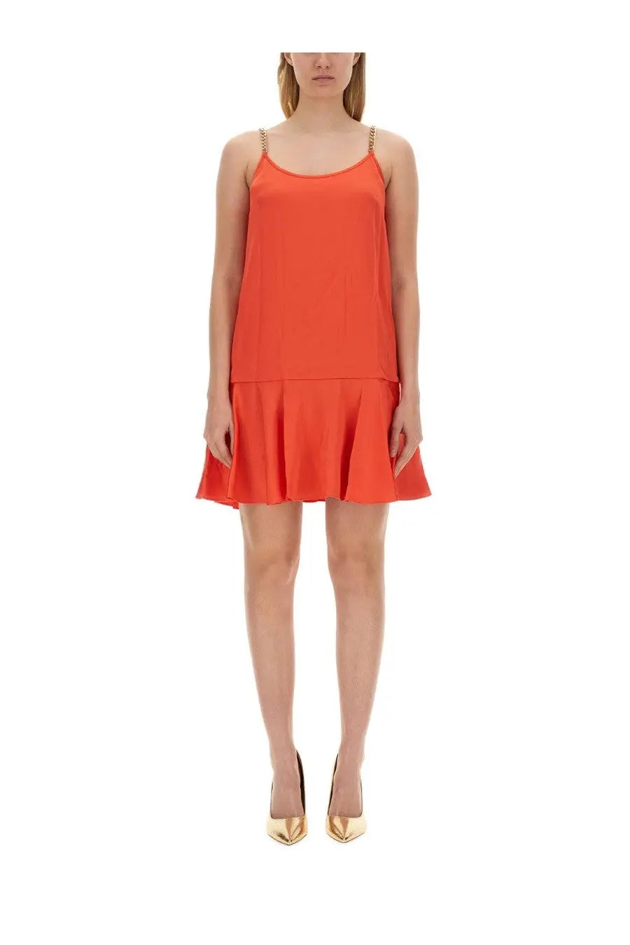 Michael Kors women’s orange sleeveless dress with tiered ruffle hem and delicate chain straps