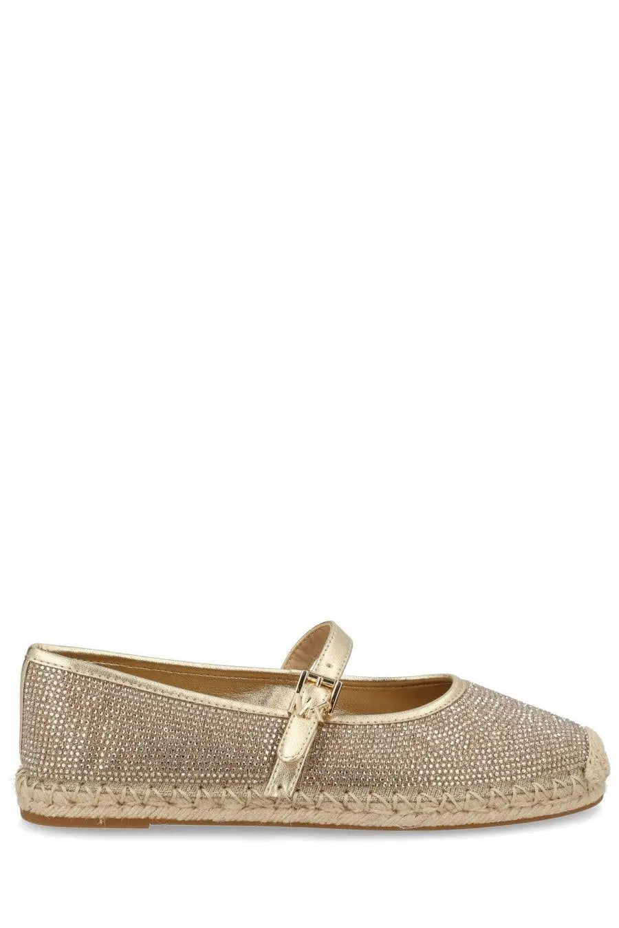 Michael Kors women’s espadrille flat shoe in gold with woven jute sole and sparkling rhinestone embellishments across upper