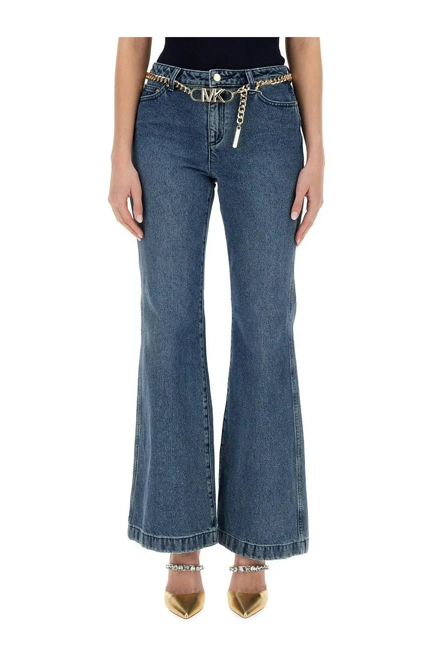 Michael kors women’s blue denim flare jeans with gold chain belt featuring mk logo