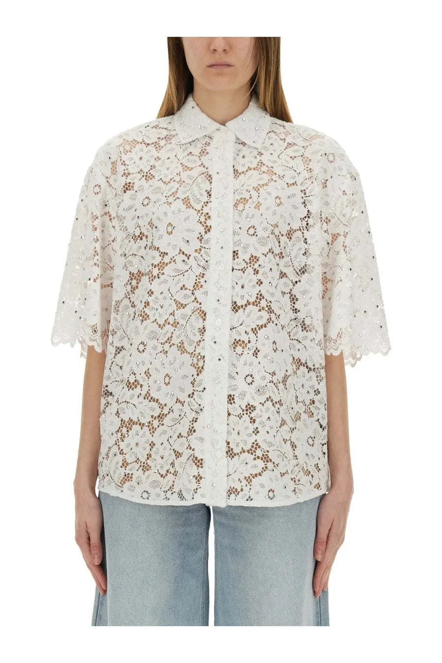 Michael Kors women’s white floral lace blouse with delicate floral patterns and short flutter sleeves