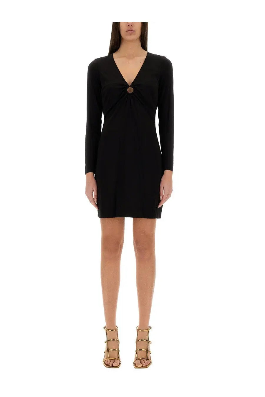 Michael Kors women’s black jersey long-sleeved mini dress with v-neckline and central button detail