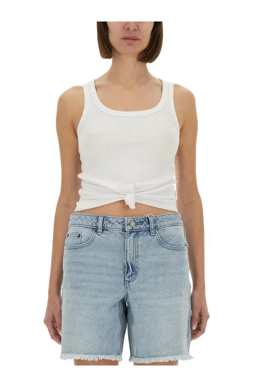 White ribbed knit tank top with tied front knot by Michael Kors for women in a casual summer style