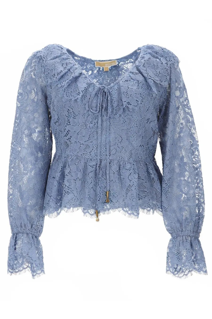 Michael Kors women’s light blue lace blouse with ruffled sleeves peplum hem floral patterns and gold-tone hardware