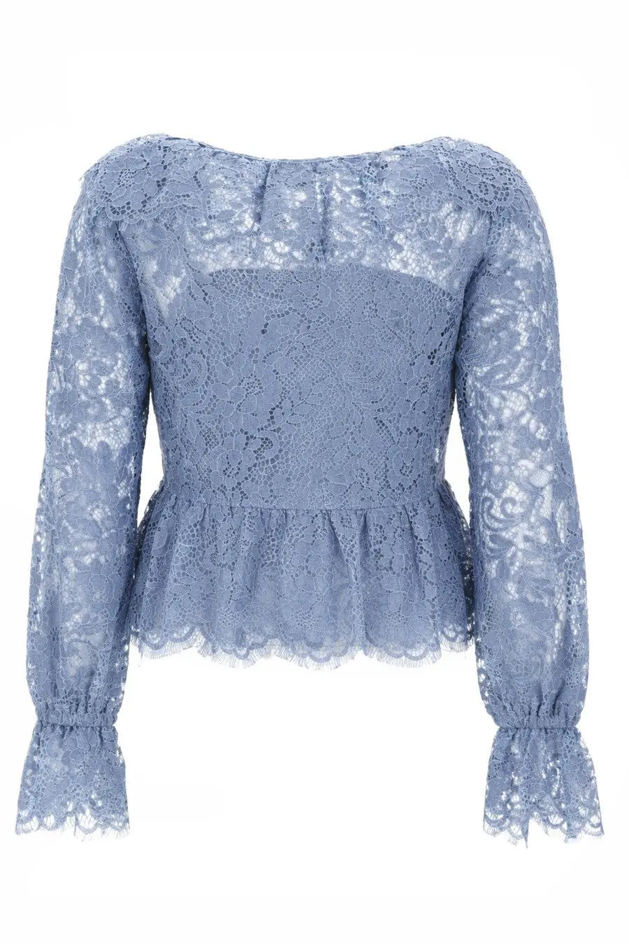 Michael Kors women’s light blue lace top with long sleeves and peplum hem in delicate fabric