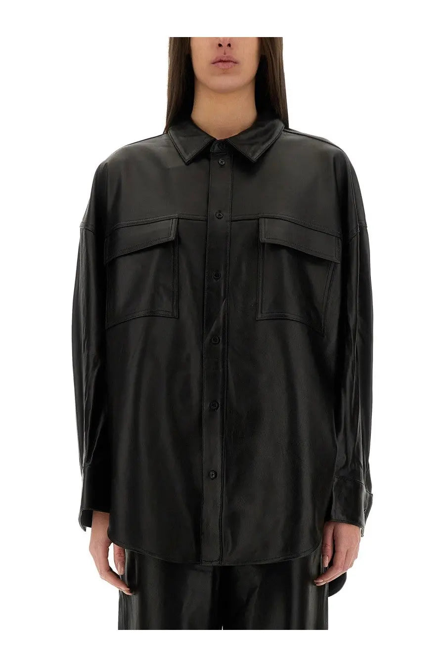 Michael Kors women’s black faux leather button-up shirt with classic collar and two chest pockets
