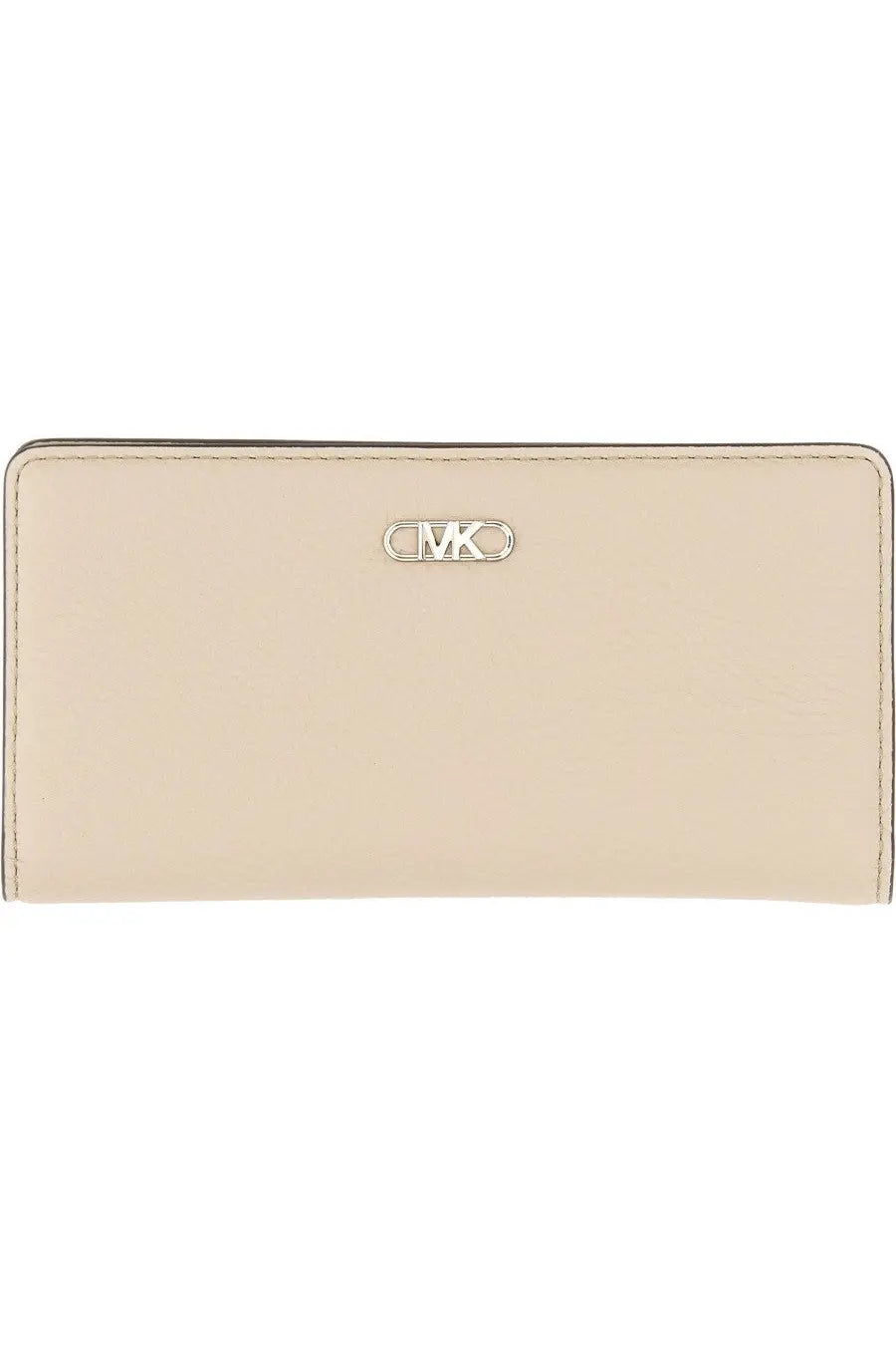 Beige leather michael kors women’s wallet with a silver-toned logo plaque for stylish everyday use