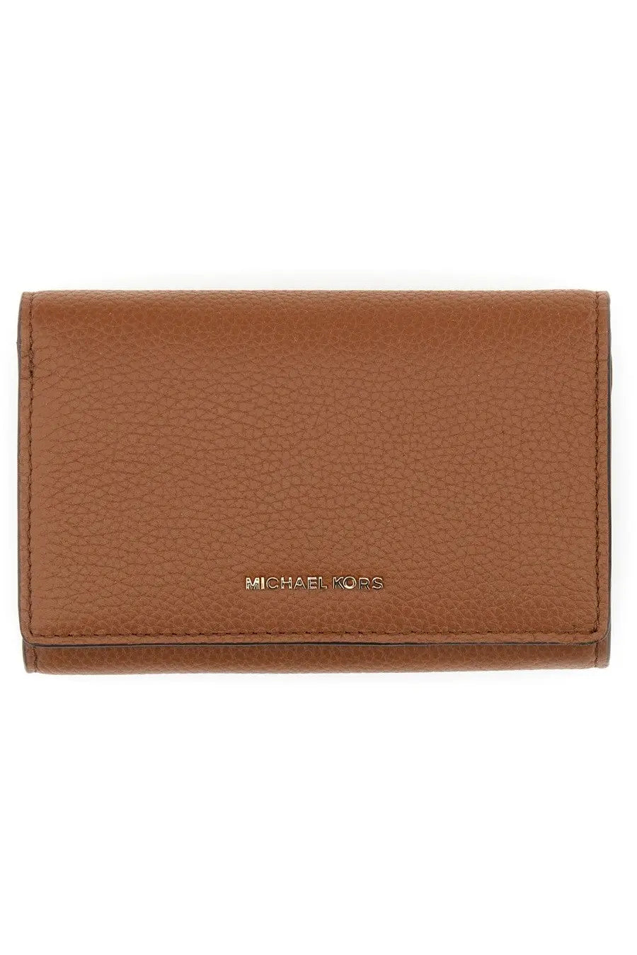 Brown pebbled leather michael kors women’s wallet with gold-tone logo embossed on the front in beige color