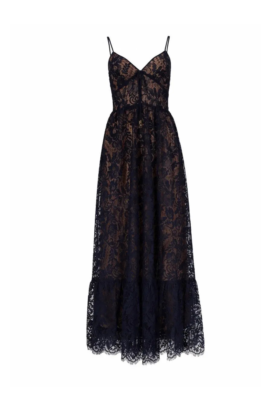 Michael Kors women’s long blue lace maxi dress with thin spaghetti straps and intricate floral patterns