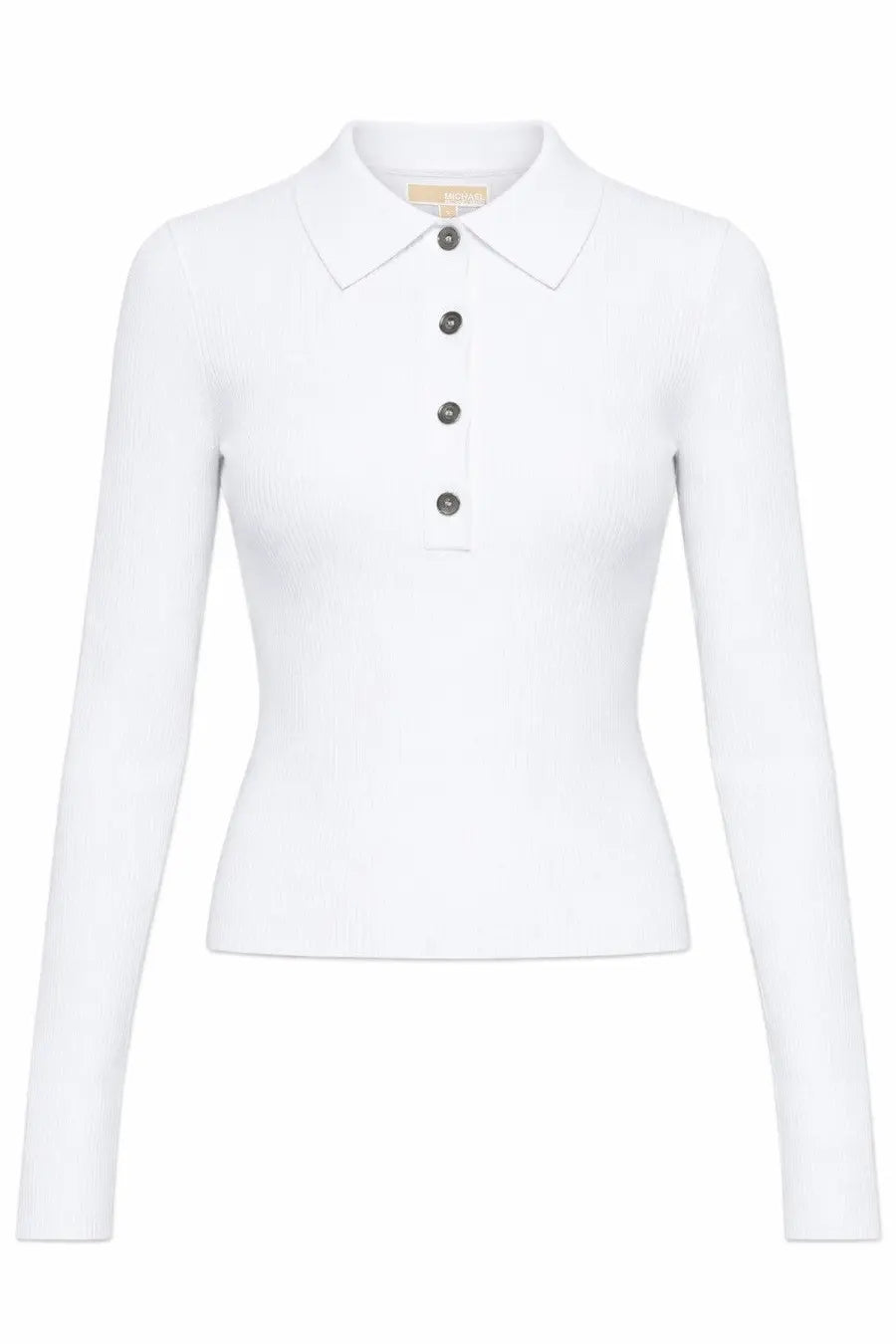 Michael Kors women’s white long sleeved knit polo shirt with classic collar dark buttons and ribbed texture